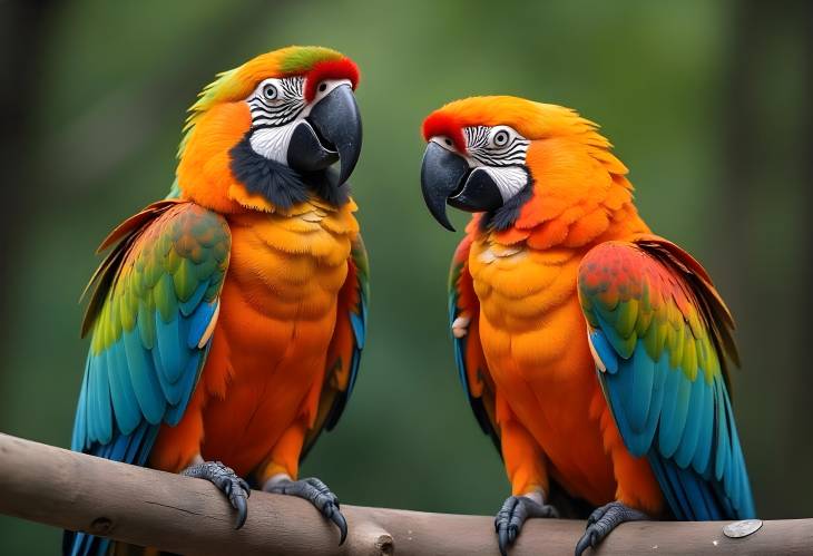 Tropical Parrots with Magnificent Plumage Sitting Face to Face